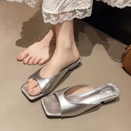 Elegant Women'S Slip-On Square Toe Slides - Open Back Synthetic