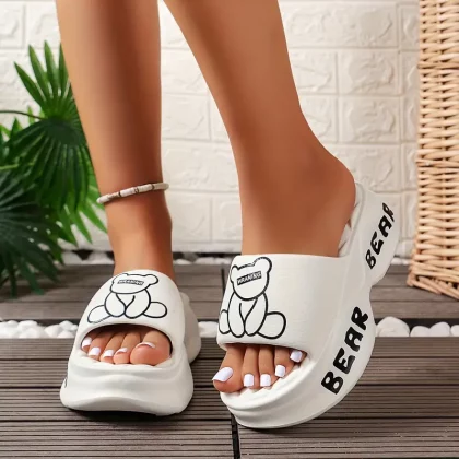 Women's Fashion Platform Slides, Bear & Letter Graphic Slip