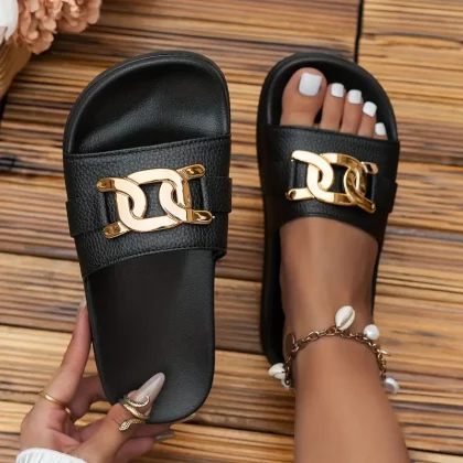 [Elegant Slides] Elegant Golden Buckle Slides, Women's Summer Fashion | Casual
