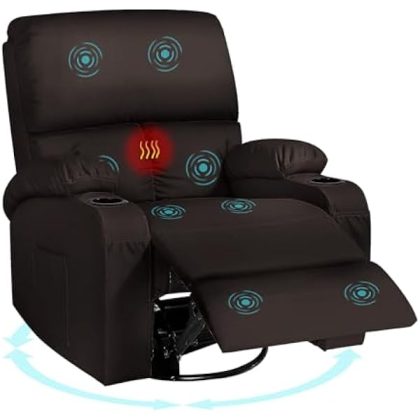 Rocking Recliner Chair, Massage Rocker Recliner Chair with Vibration Massage and Heat,360?? Swivel Recliner Chairs, Living Room, Bedroom, Nursery, RV, Brown