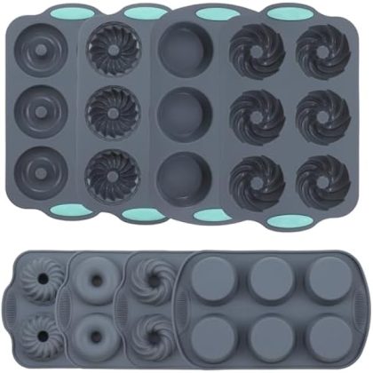 8 Pcs Silicone Donut Molds for Baking, 4 Shape Nonstick Bakeware Donut Pan Set, Heat Resistant Mini Bundt Cake Pans for Baking Dishwasher Safe(Grey)