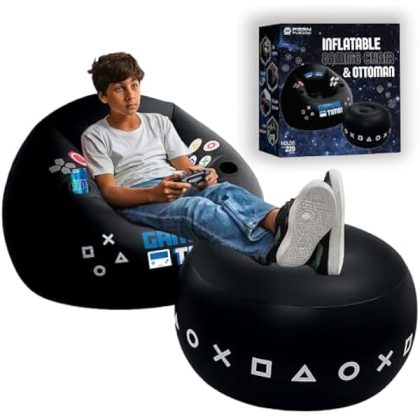 Inflatable Gaming Chair for Kids & Teens with Cup Holders and Side Pocket - This Air Bean Bag Game Chair is The Perfect Furniture for Gamer Room D??cor (Gaming Time with Ottoman)