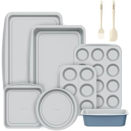 9-Piece Nonstick Stackable Baking Pans Set - Bakeware Sets Including Cookie Sheets for Baking, Muffin Pan, Bread Pan, Cake pan, Loaf Pan, Roasting Pan, Gray & Blue