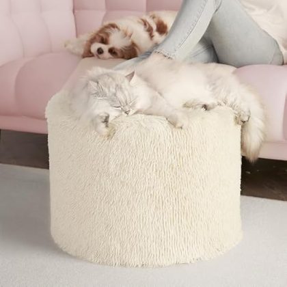 Faux Fur Round Stuffed Pouf Ottoman, 17 x 14 Small Foot Rest for Chair, Foam Filled Foot Stools Ottomans for Living Room, Beige