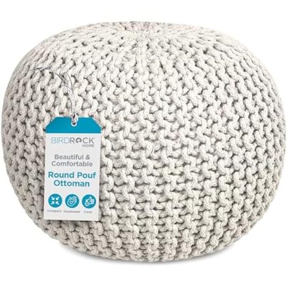 Round Pouf Ottoman | Cotton Braided Foot Stool with Bean Bag Filling | Boho Foot Rest for Living Room & Bedroom | Compact & Comfortable Seating, Lightweight & Soft | Ivory