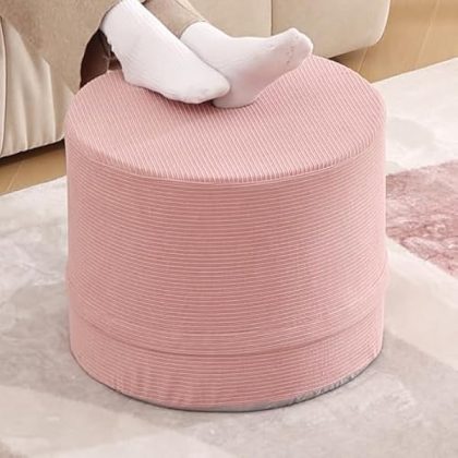Round Stuffed Pouf Ottoman, Corduroy Poufs with High-Density Foam Filling and Washable Cover, Furry and Fluffy Bean Bag Foot Stools Ottoman for Living Room, Bedroom, Office, Pink