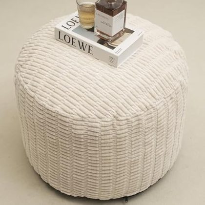 Round Stuffed Pouf Ottoman for Foot Rest, Storage Ottoman Pouf Foot Stool Cushion, Faux Fur Poufs with Foam Chunk Filling, 26 X 18 Inch Floor Chair for Living Room Bedroom Home Decor, Beige