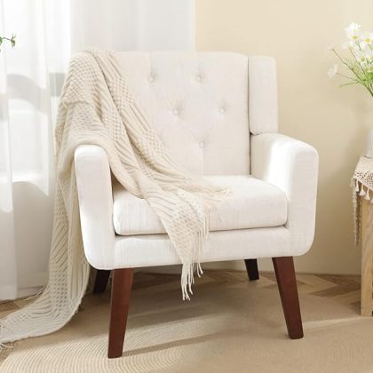 Accent Chair Button-Tufted Upholstered Living Room Chairs Comfy Reading Mid Century Modern with Linen Fabric Lounge Arm for Bedroom (Beige) 29.33D x 28.94W x 34.65H Inch