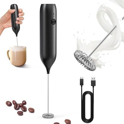 Rechargeable Milk Frother Handheld, Coffee Frother Wand Drink Mixer with Stainless Steel Whisk for Coffee, Cappuccino, Lattes, Frappe, Matcha and Hot Chocolate, Black