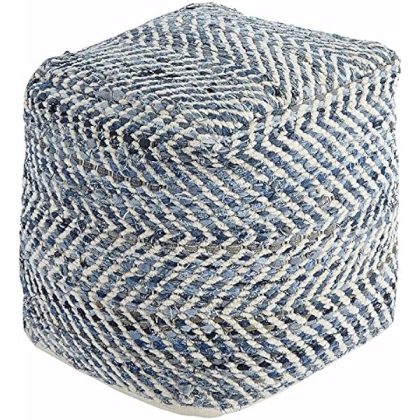 Chevron Handmade Woven Pouf 18 x 18, Blue and White