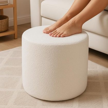Round Pouf Ottoman and Foot Rest, Soft Boucle Footstool Ottomans for Living Room, Comfort Foam Stuffed Poofs for Couch Desk Resting Your Feet, White