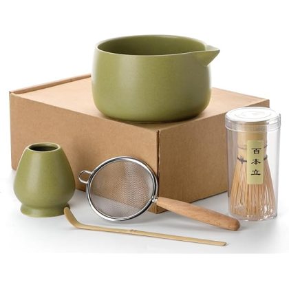 20OZ Matcha Whisk Set - 5PCS Japanese Tea Set Includes Matcha Bowl with Spout, Bamboo Whisk with Ceramic Holder, Bamboo Scoop and Sifter, Matcha Kit for Ceremony, Gift for Matcha Lovers (Matcha Green)