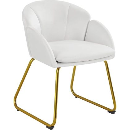 Modern Velvet Vanity Chair Armchair, Flower Shaped Makeup Chair with Golden Metal Legs for Living Room/Makeup Room/Bedroom/Home Office/Kitchen, White