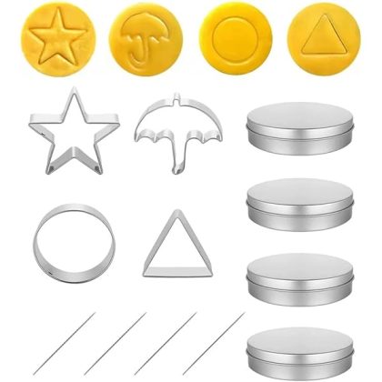 Korean Dalgona Candy Making Kit - 12pc Stainless Steel Sugar Cookie Cutters, Korean Drama Inspired Baking Tools (Circle/Triangle/Umbrella/Star), Baking Challenge Game Tools