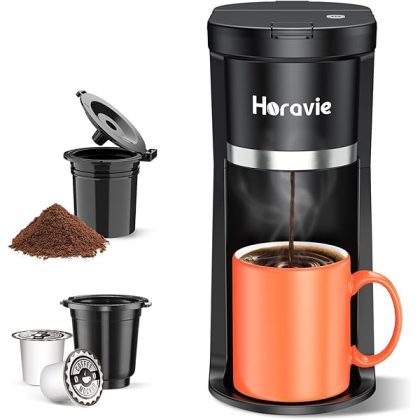 Small Single Serve Coffee Maker, Fast Brew One Cup Coffee Machine for K Cup and Grounds, 6 to 12 oz. Brew Sizes, Capsule Coffee Machine with Descaling Reminder and Viewing Tank, Black