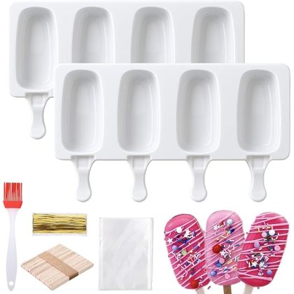 Cake Pop Mold Kit, 2 Pack 8 Cavities Cakesicle Molds Silicone with 100 Wooden Sticks & 100 Packaging Bags with Ties, Cake Pop Maker Supplies Accessories, Baking Tools for Home Baking Desserts