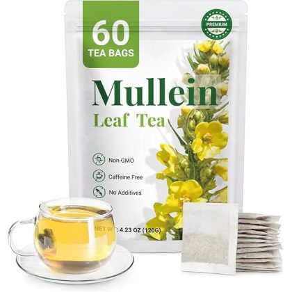 Premium 60 Mullein Tea Bags For Lungs - 100% Pure Mullein Leaf | For Lung Health & Respiratory Wellness Support | Caffeine Free - No Additives & Non-GMO | Plastic-Free, Plant-Based Tea Bags