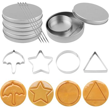 12pcs Stainless Steel Game Cookie Cutters, Korean Dalgona Candy Sugar Making Tools with Umbrella, Triangle, Star, Round Biscuit Molds for Christmas, Valentine's Baking Kits, Tin Boxed Party Favors