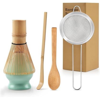 5Pcs Matcha Whisk Set, 100% Natural Bamboo Matcha Whisks Kit, Japanese Matcha Ceremony Accessory, Whisk, Whisk Holder (Green), Sifter, Tea Scoop, Tea Spoon, Gift for Matcha Lovers Beginner