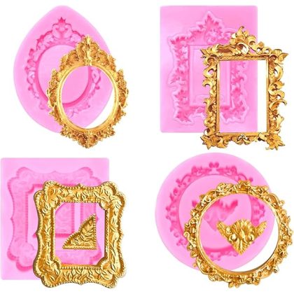 4Pcs Silicone Frame Molds for Chocolate, Mini Air Dry Clay Molds, Polymer Clay Molds, Photo Frame Molds for Crafts Cupcake Topper Cake Decoration Chocolate Candy