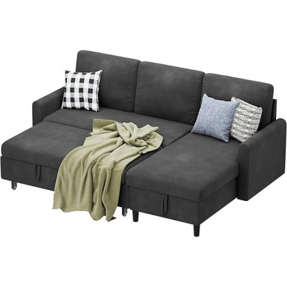Sofa Couch, Sofa Bed- 2 in 1 Pull Out Couch Bed with Storage Chaise for Living Room, Sofa Bed Sectional Sofa Couch Linen Couch (Grey Black)