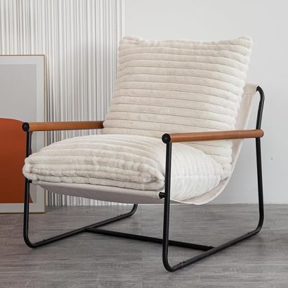 Accent Chair, Sherpa Arm Chair for Living Room, Mid Century Modern Accent Chairs, Boucle Reading Bedroom Chair, Teddy Armchair, Wooden Arms Metal Frame