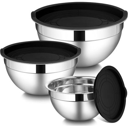 Mixing Bowls with Lids Set of 3, Large & Small Stainless Steel Nesting Metal Bowls for Kitchen Storage, Dishwasher Safe, Size 1.5QT & 3QT & 4.6QT, Black