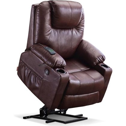 Electric Power Lift Recliner Chair Sofa with Massage and Heat for Elderly, 3 Positions, 2 Side Pockets, and Cup Holders, USB Ports, Faux Leather 7040 (Dark Brown, Medium)
