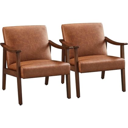 PU Leather Accent Chair, Mid-Century Modern Armchair with Solid Wood Legs, Reading Leisure Chair with High Back for Living Room Bedroom Waiting Room, Set of 2, Brown