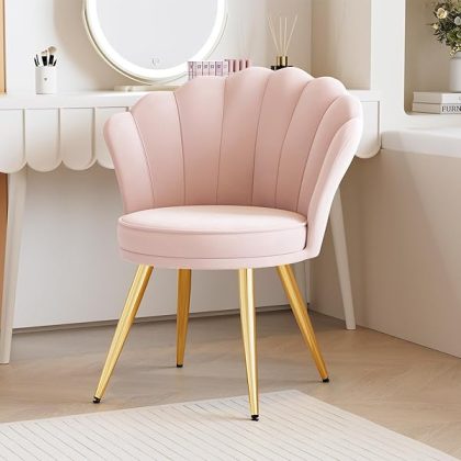 Velvet Accent Chair with Gold Metal Legs, Vanity Chair for Makeup Room, Upholstered Guest Chair for Living Room, for Bedroom, Light Pink