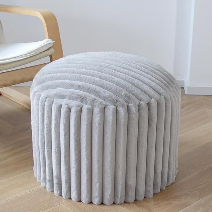 Round Stuffed Pouf Ottoman, Corduroy Pouf with a Single Block of High-Density Foam and a Soft Cushion, Fluffy Foot Rest Stool, 20"x15" Furry Floor Cushion for Living Room, Bedroom (Grey)