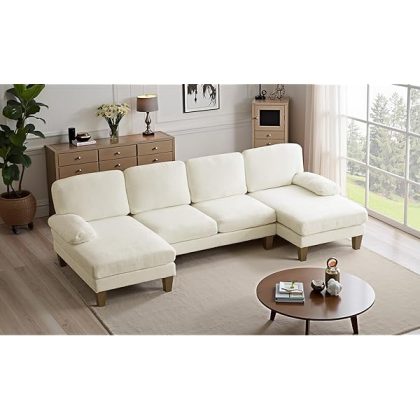 110" Sectional Couches for Living Room,U Shaped Couch with Double Chaise, 4-Seat Sofa Set with Chenille Fabric for Home Furniture,Beige