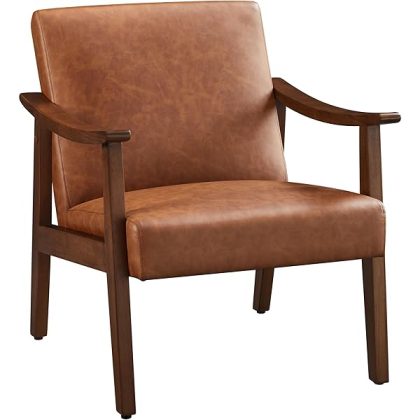 PU Leather Accent Chair, Mid-Century Modern Armchair with Solid Wood Legs, Reading Leisure Chair with High Back for Living Room Bedroom Waiting Room, Brown