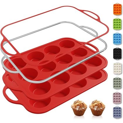 2 Packs 12 Cups Silicone Muffin Pan for Baking with Metal Reinforced Frame Regular Size Cupcake Pan Tray Egg Bites Silicone Cookie Molds Muffin Tin Tart Pans Sheet Set for Oven Dishwasher Safe