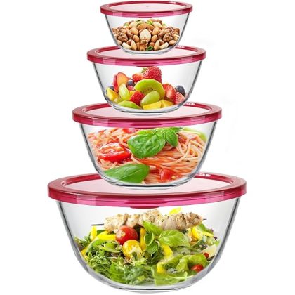 Glass Mixing Bowls with Lids Set, 4-Piece Nesting Kitchen Bowls for Salad, Serving, and Baking, Oven Safe Glass Bowl