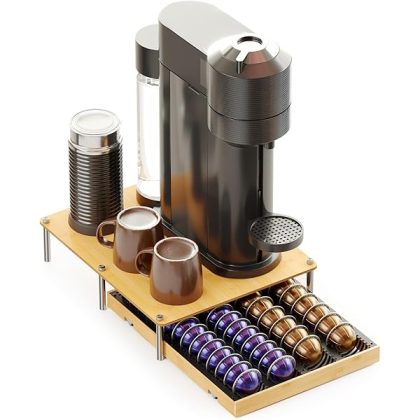 Bamboo Coffee Pod Holder Drawer Storage Compatible with Nespresso Vertuo Capsules, Coffee Station Accessories Holder Organizer Tray Compatible with 40 Big or 56 Small Pods, Natural
