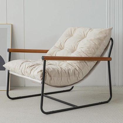 Accent Chair, Velvet Arm Chair Living Room Chair with Metal Frame, Reading Accent Chair, Modern Bedroom Chair, Boucle Armchair with Wooden Arms, Beige