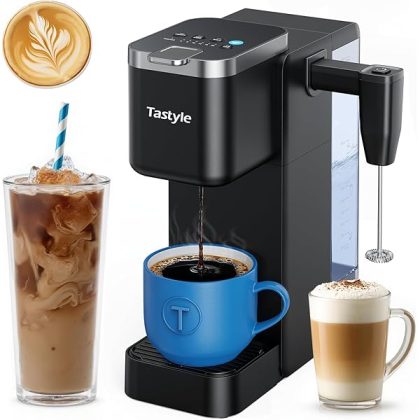 Single Serve Coffee Maker with Rechargeable & Detachable Milk Frother, Iced and Hot Coffee Machine for K Cup & Grounds, 40oz Removable Water Reservoir, 6 Cup Sizes, Fits 7.3" Travel Mug, Black