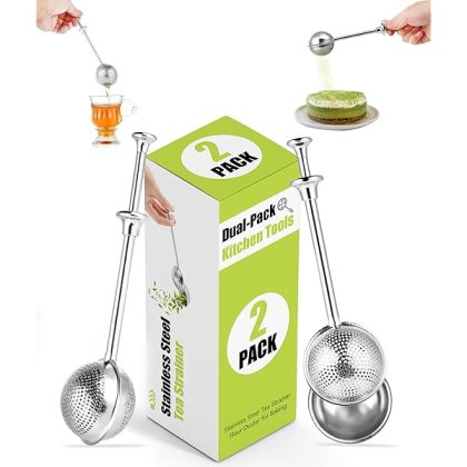 2PCS-Dual-Pack Kitchen Tools: Stainless Steel Tea Strainer & Flour Duster for Baking | Full-Hole Loose Tea Filter + Half-Scoop Design | 304 Steel Rust-Proof Dishwasher Safe??One-Handed Operation