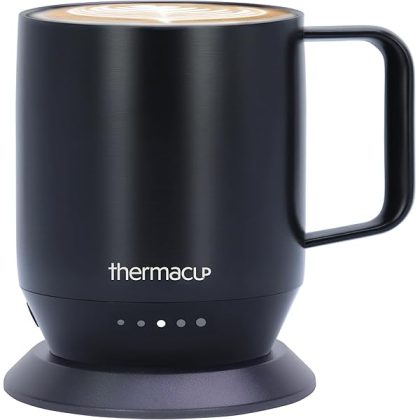 Premium Heated Coffee Mug with 5 Temperature Settings, Industry-Leading Smart Electric Cup, Up to 8-Hour Battery, 12oz with Lid (14oz Total Capacity) Midnight Black