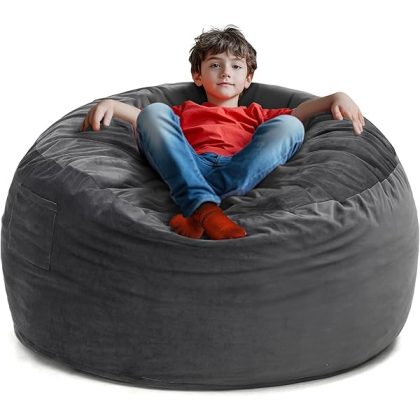 Large 3.5?? Bean Bag Chair for Kids, Teens, Adults, Memory Foam, Easy to Clean Washable Soft Suede Cover, Reinforced Zipper, Perfect for Living Room, Den, Bedroom, or Dorm, Dark Grey