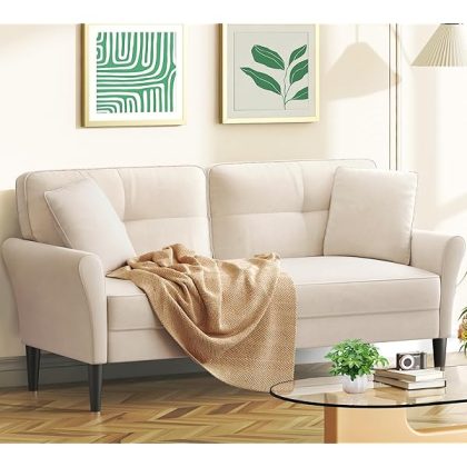 69" Small Sofa, Soft Small Couch with 2 Pillows, Comfy Love Seat Couches, Tool-Free Setup Loveseat Sofa, 700lb Load Sofas for Living Room, Cozy Couches for Living Room, Mini Couch for Bedroom, White