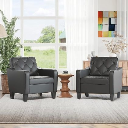 Living Room Arm Chairs Set of 2, Black Faux Leather Accent Chair, Waiting Room Chairs, Office Reading Chair for Guest (2, Black)