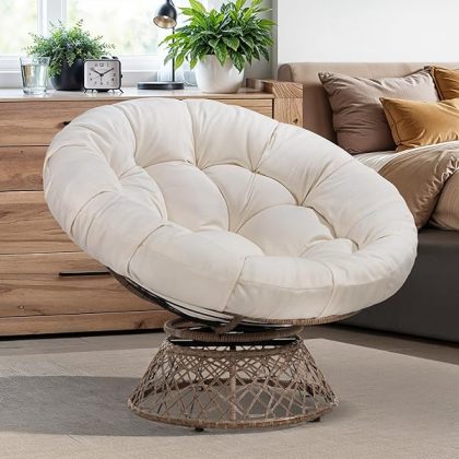40" Ergonomic Wicker Papasan Chair with Soft Thick Density Fabric Cushion, High Capacity Steel Frame, 360 Degree Swivel for Living, Bedroom, Reading Room, Lounge