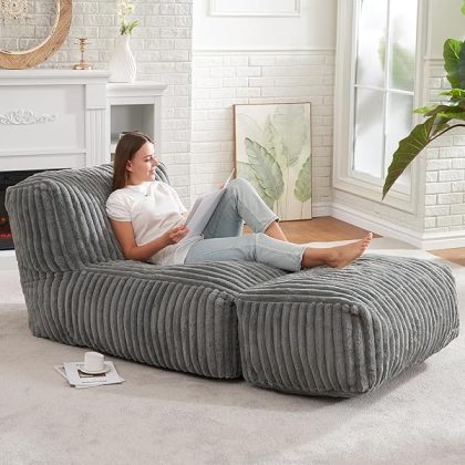 Big Bean Bag Lounger Chairs Large Beanbag Chair for Adults Bean Bag Sofa with Memory Foam Filled for Living Room, Bedroom or Balcony (Grey)