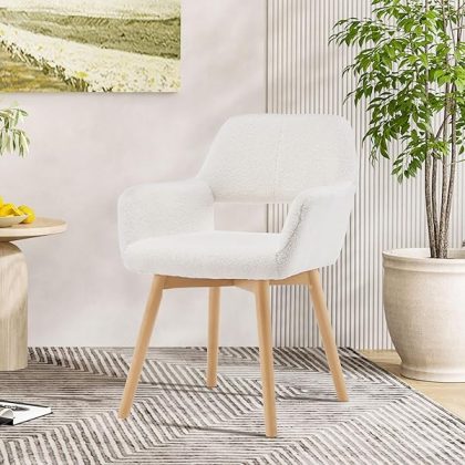 Desk Chair No Wheels Vanity Chair Makeup Chair Comfy Accent Chair for Living Dining Room Bedroom Home Office Mid Century Modern Upholstered Armchair Sofa with Wood Legs (Wool White, 1)