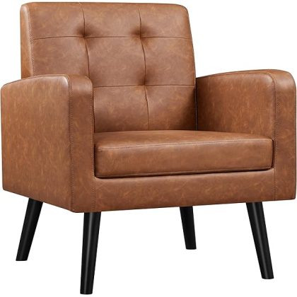 Mid-Century Accent Chairs, PU Leather Modern Upholstered Living Room Chair, Cozy Armchair Button Tufted Back and Wood Legs for Bedroom/Office/Cafe, Retro Brown