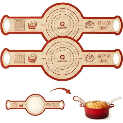 Silicone Sourdough Bread Sling Mat - 2Set Round Dough Baking Slings For Dutch Oven, NonStick High Degree Kitchen Sourbread Making Loaf Pan Lifter Liner, Reusable Cooking Transfer Mats with Long Handle