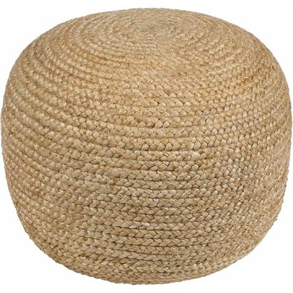Kaumakani Natural Wicker Jute Round Pouf - Ottoman Style Braided Woven Foot Stool - Natural Fiber Round Cylinder Ottoman - 100% Polybead Fill - Beige, Brown- 19.75" x 16"