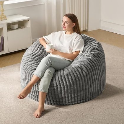 3ft Bean Bag Chairs for Adults Large Beanbag Chair with Stripe Plush Cover Big Bean Bag Chair for Living Room Bedroom Dorm Office - Grey (36?? x 36?? x 22??)